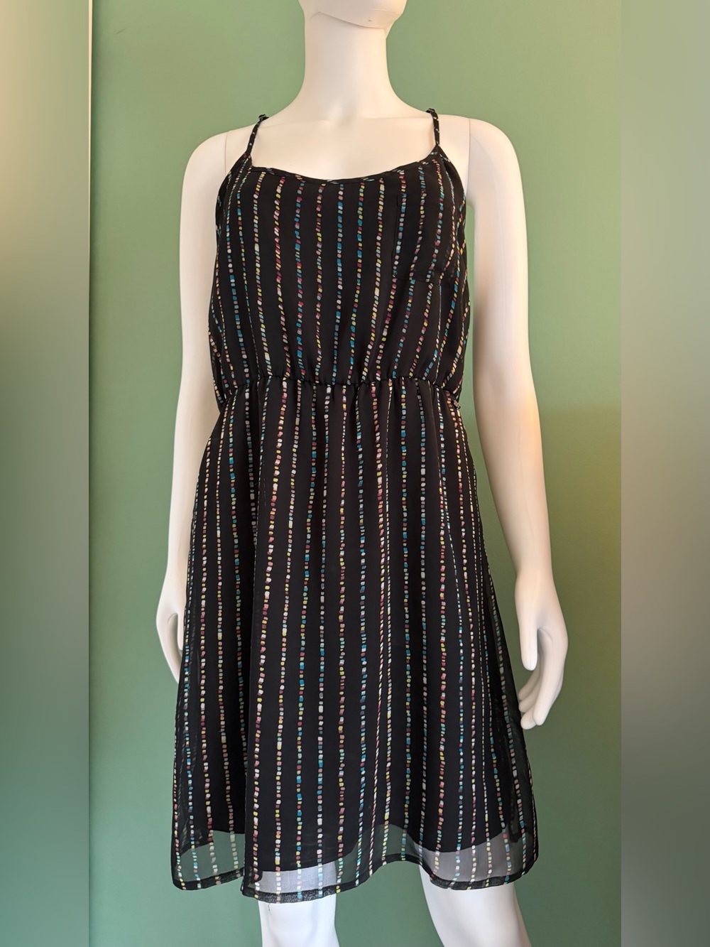 Roxy Black Spaghetti-Strap Dress with Multicolor Vertical Dots